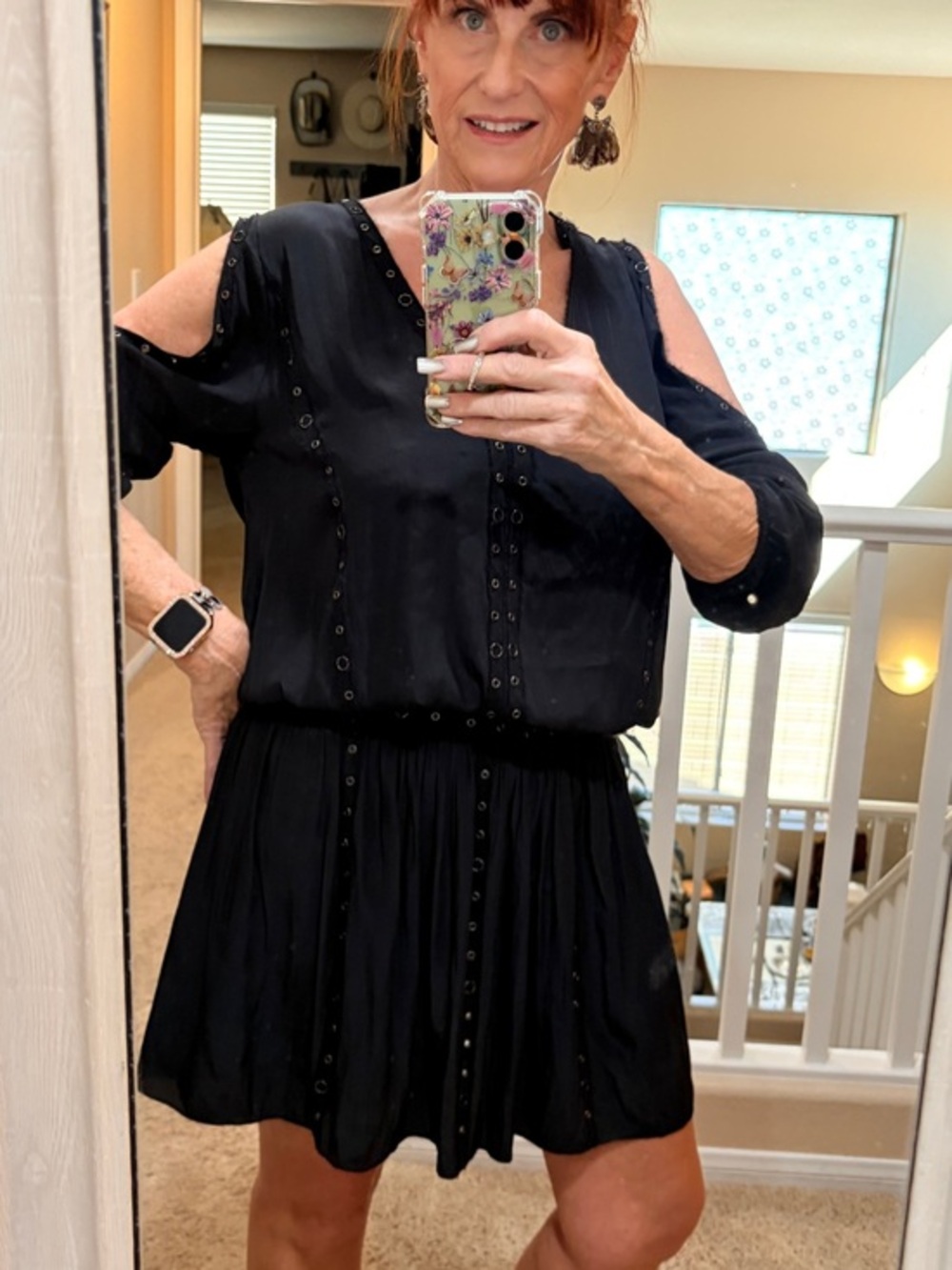 Ramy Brook Silk Black Rivet Drop Waist Mini Dress Eyelet Detail Dress MED